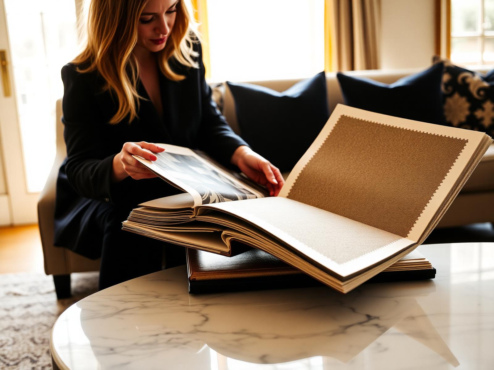 A Lavish specialist reviewing wallpaper sample books with a client at home